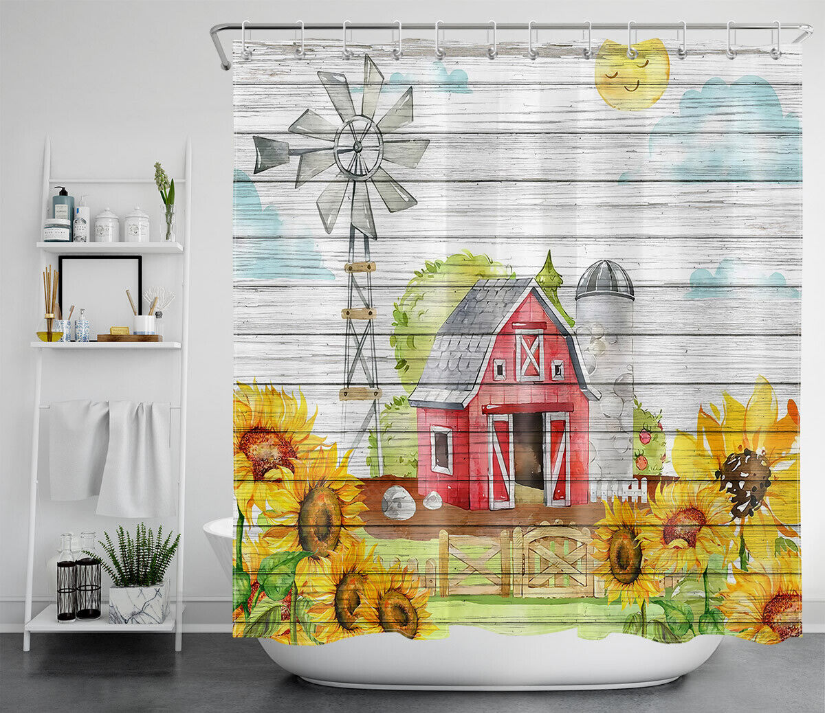 Sunflower Farmhouse Rustic Wood Barn Bathroom Shower Curtain with Hooks