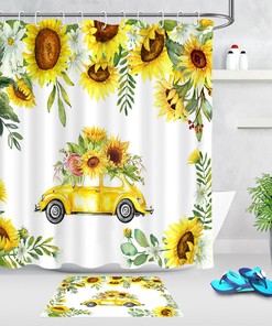 Sunflower Field Shower Curtain With Rustic Wood Background