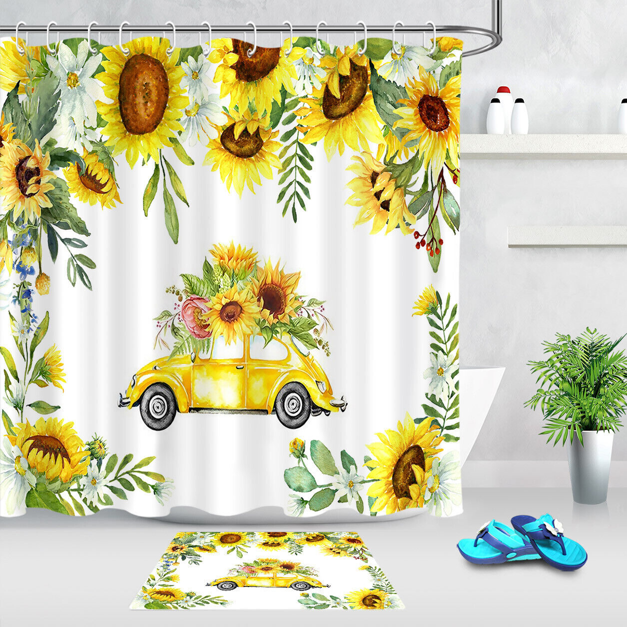 Sunflower Field Shower Curtain With Rustic Wood Background