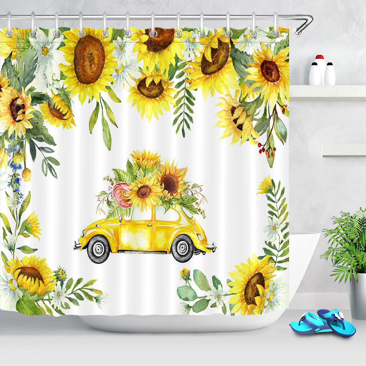 Sunflower Field Shower Curtain With Rustic Wood Background - Image 2