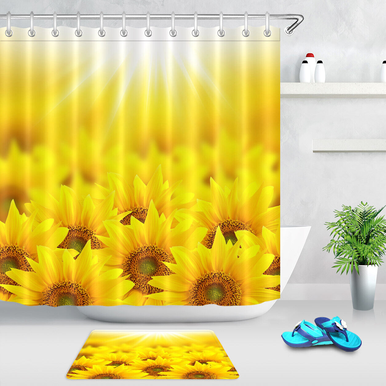 Sunflower Field Sunshine Shower Curtain - Waterproof Fabric with Beautiful Floral and Nature Print