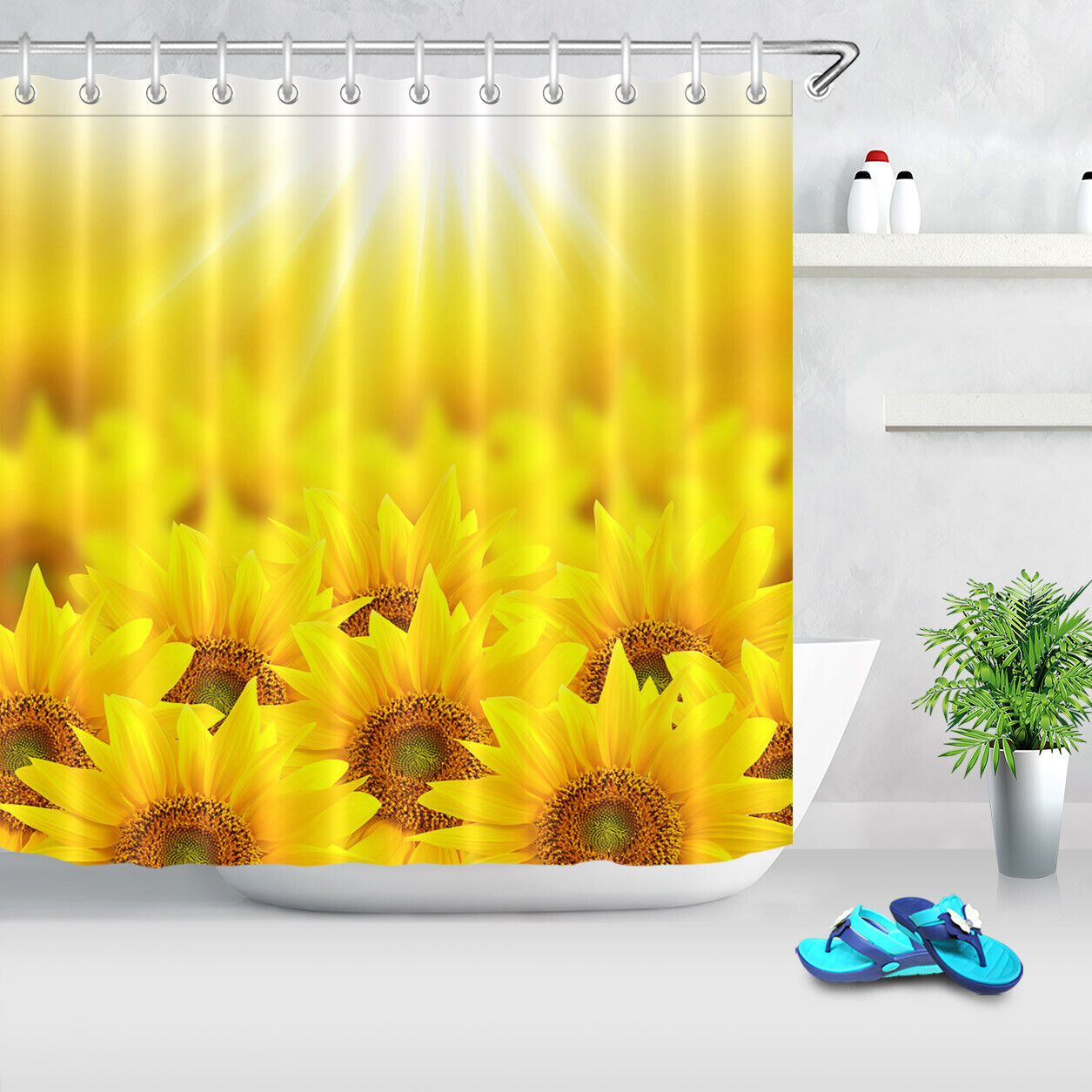 Sunflower Field Sunshine Shower Curtain - Waterproof Fabric with Beautiful Floral and Nature Print
