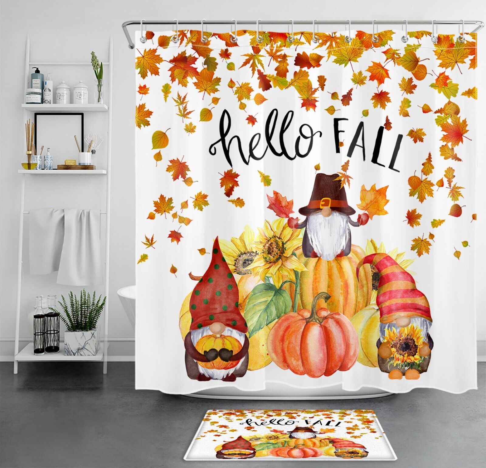 Sunflower Floral Pumpkin Fall Funny Gnome Shower Curtain - Autumn Bathroom Decor