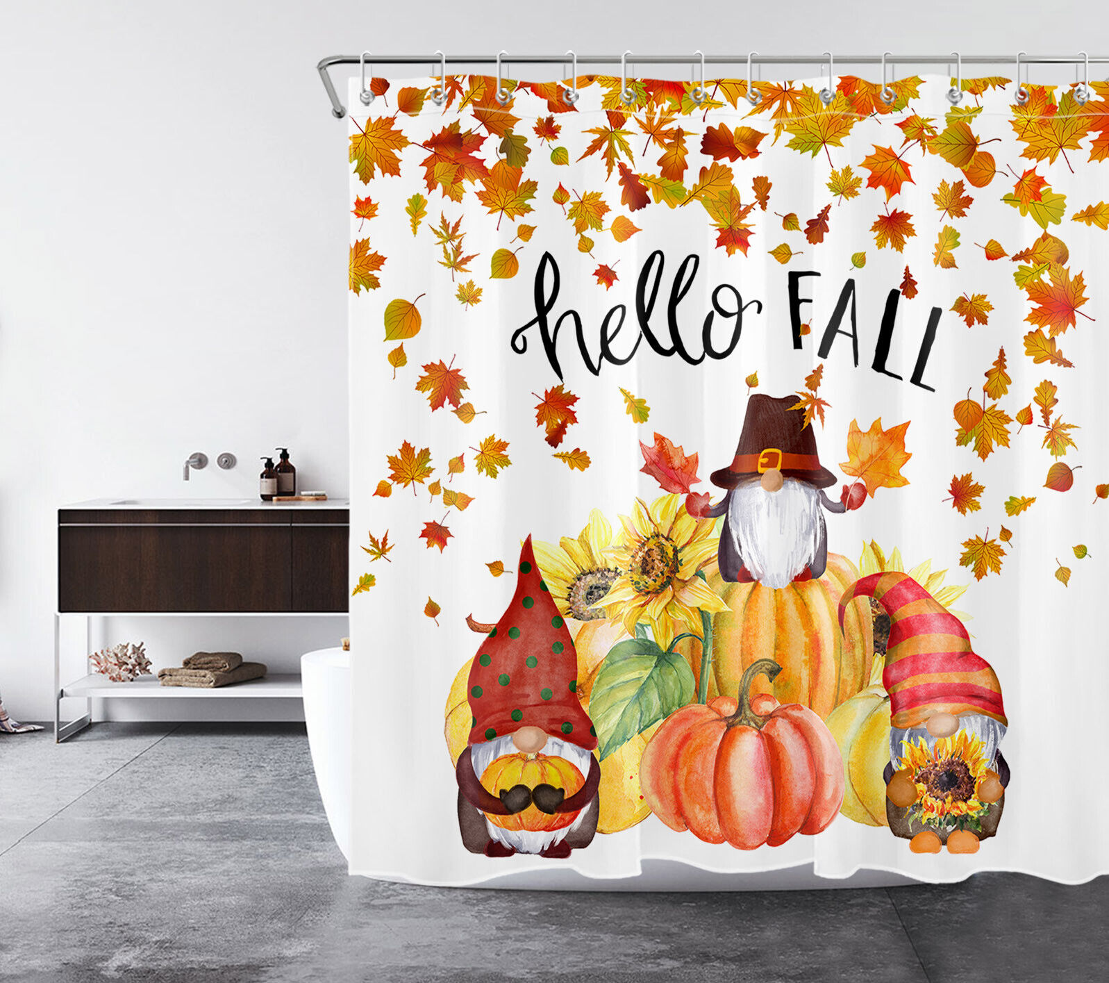 Sunflower Floral Pumpkin Fall Funny Gnome Shower Curtain - Autumn Bathroom Decor