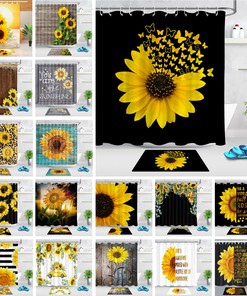 Sunflower Floral Shower Curtain with Black and White Stripes for Chic Bathroom Decor