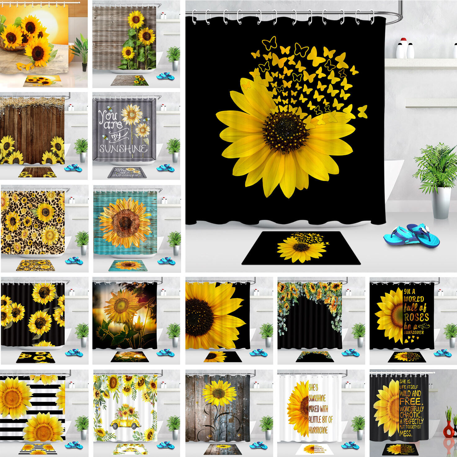 Sunflower Floral Shower Curtain with Black and White Stripes for Chic Bathroom Decor