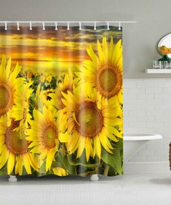 Sunflower Flower Setting Sun Waterproof Shower Curtain with Multi-Size Bathroom Hooks for A Perfect Fit