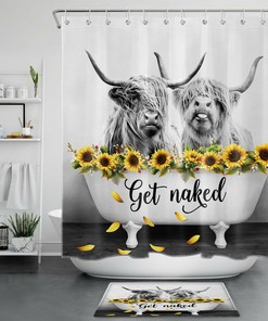Sunflower Get Naked Highland Cow Shower Curtain For Farmhouse Bathroom Decor
