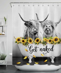 Sunflower Get Naked Highland Cow Shower Curtain For Farmhouse Bathroom Decor