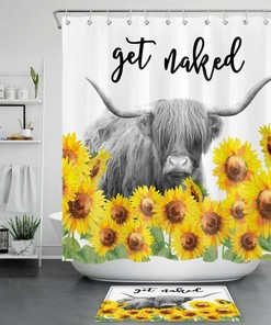 Sunflower Get Naked Highland Cow Shower Curtain Funny Bathroom Accessories