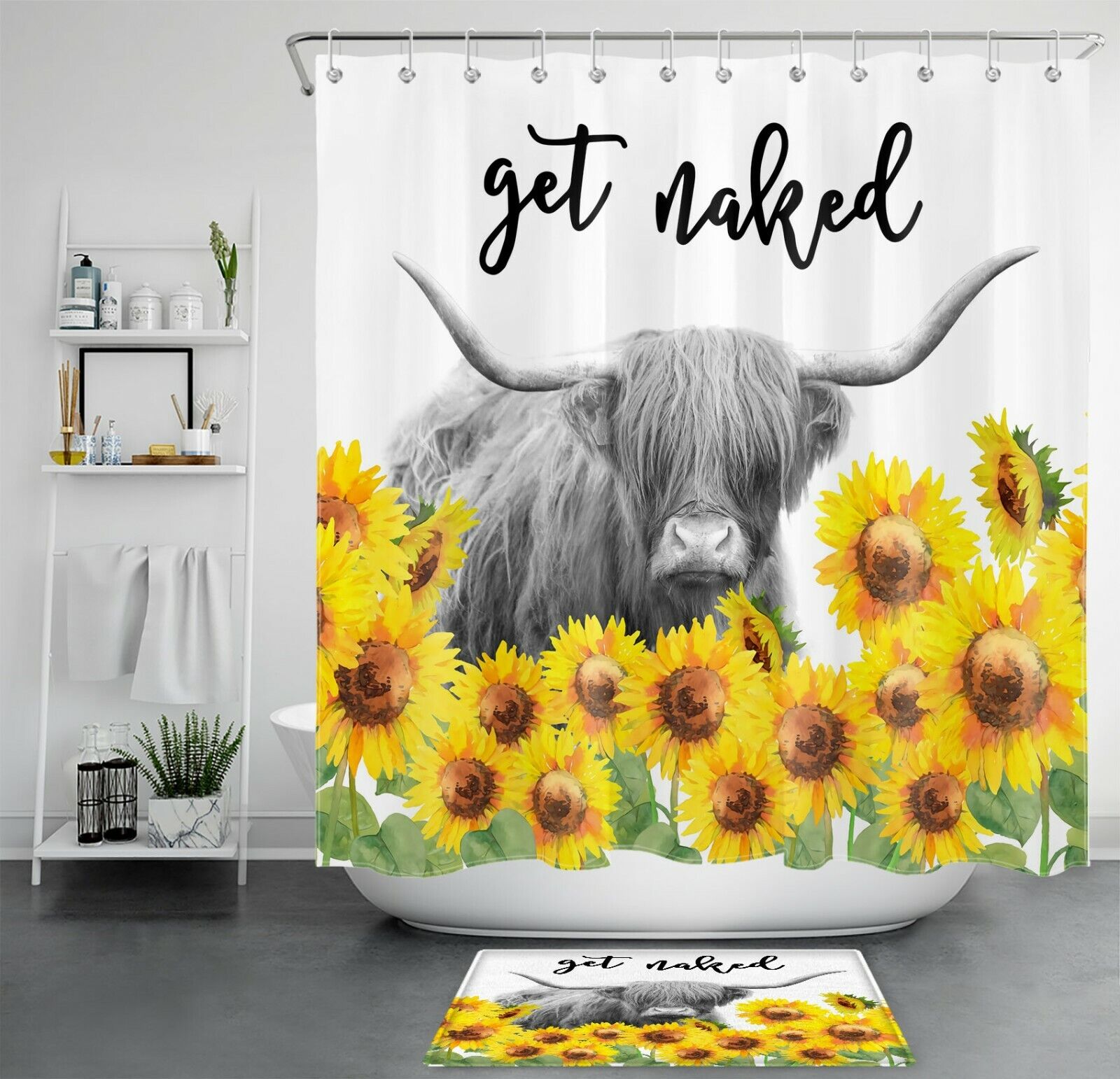 Sunflower Get Naked Highland Cow Shower Curtain Funny Bathroom Accessories