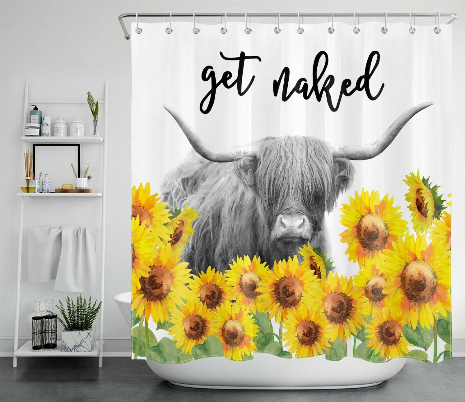 Sunflower Get Naked Highland Cow Shower Curtain Funny Bathroom Accessories