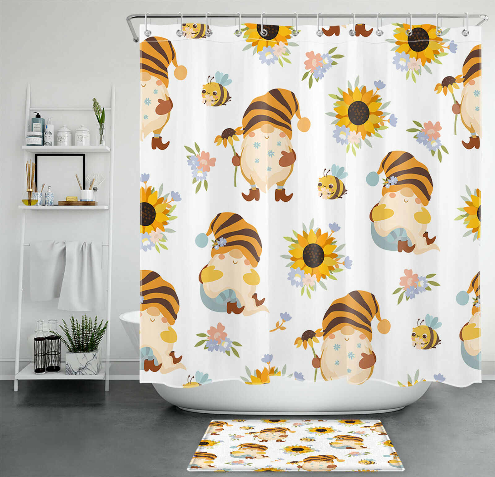 Sunflower Gnome Shower Curtain - Funny Cartoon Flower Bathroom Decor