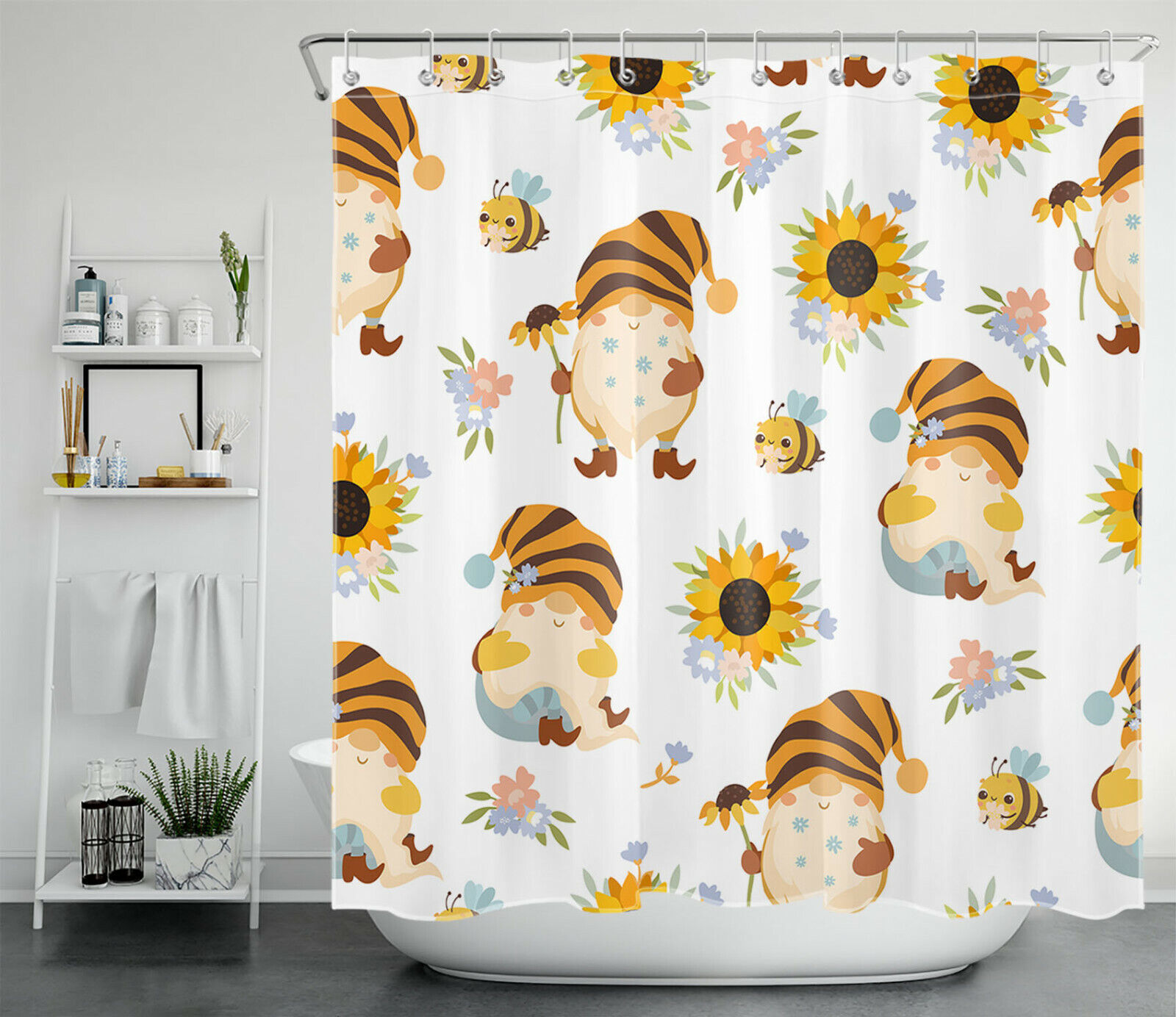 Sunflower Gnome Shower Curtain - Funny Cartoon Flower Bathroom Decor - Image 2