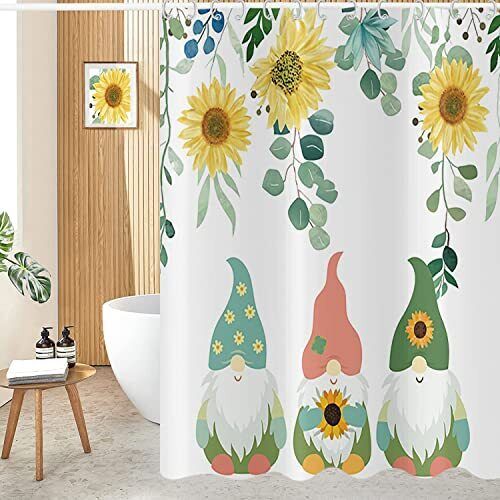 Sunflower Gnomes Botanical Plan Shower Curtain With Eucalyptus Green Leaves