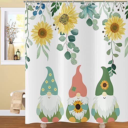 Sunflower Gnomes Botanical Plan Shower Curtain With Eucalyptus Green Leaves