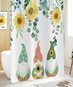 Sunflower Gnomes Botanical Plan Shower Curtain With Eucalyptus Green Leaves