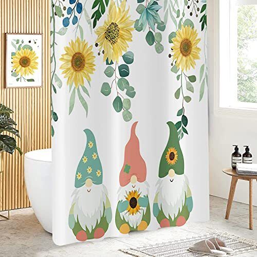Sunflower Gnomes Botanical Plan Shower Curtain With Eucalyptus Green Leaves