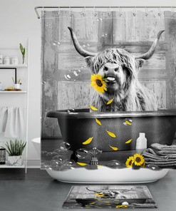 Sunflower Highland Cow Bathtub Shower Curtain Funny Farmhouse Bathroom Decor