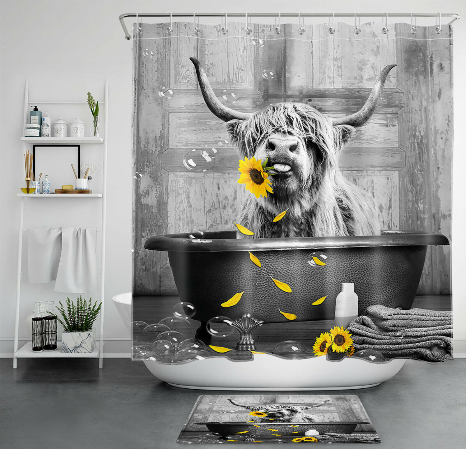Sunflower Highland Cow Bathtub Shower Curtain Funny Farmhouse Bathroom Decor