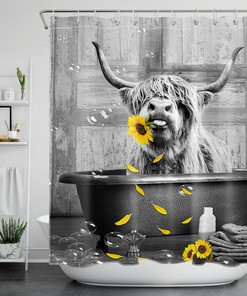 Sunflower Highland Cow Bathtub Shower Curtain Funny Farmhouse Bathroom Decor