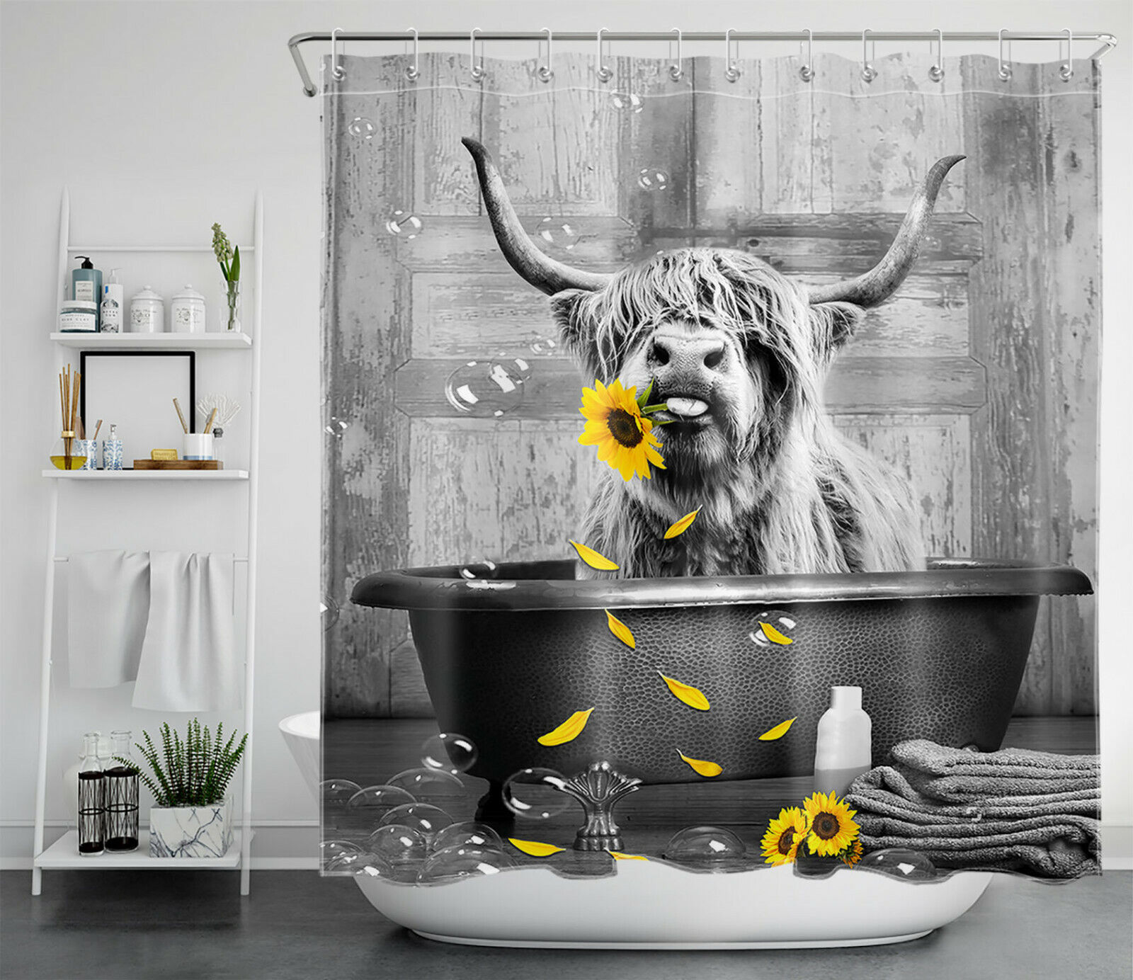 Sunflower Highland Cow Bathtub Shower Curtain Funny Farmhouse Bathroom Decor
