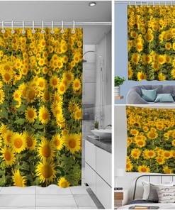 Sunflower Nature Floral Vintage Shower Curtain Ideas Waterproof Washable Green Yellow