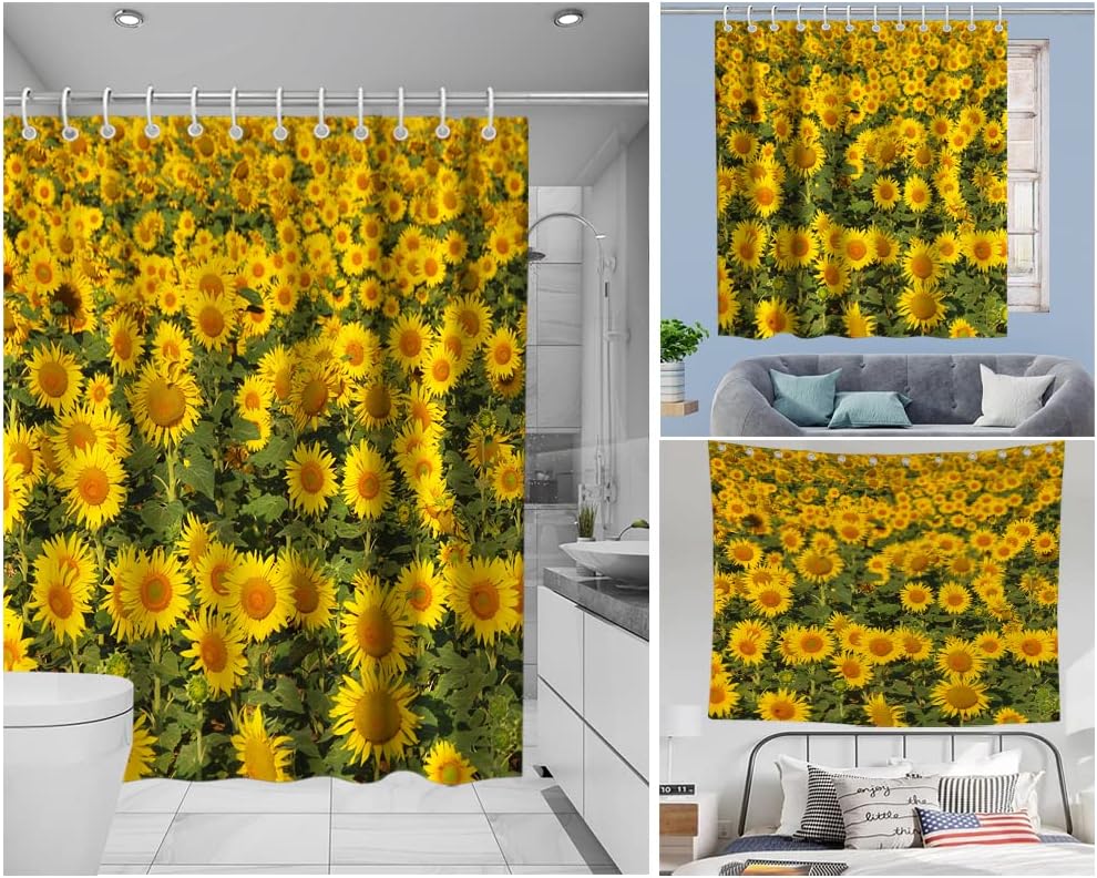 Sunflower Nature Floral Vintage Shower Curtain Ideas Waterproof Washable Green Yellow