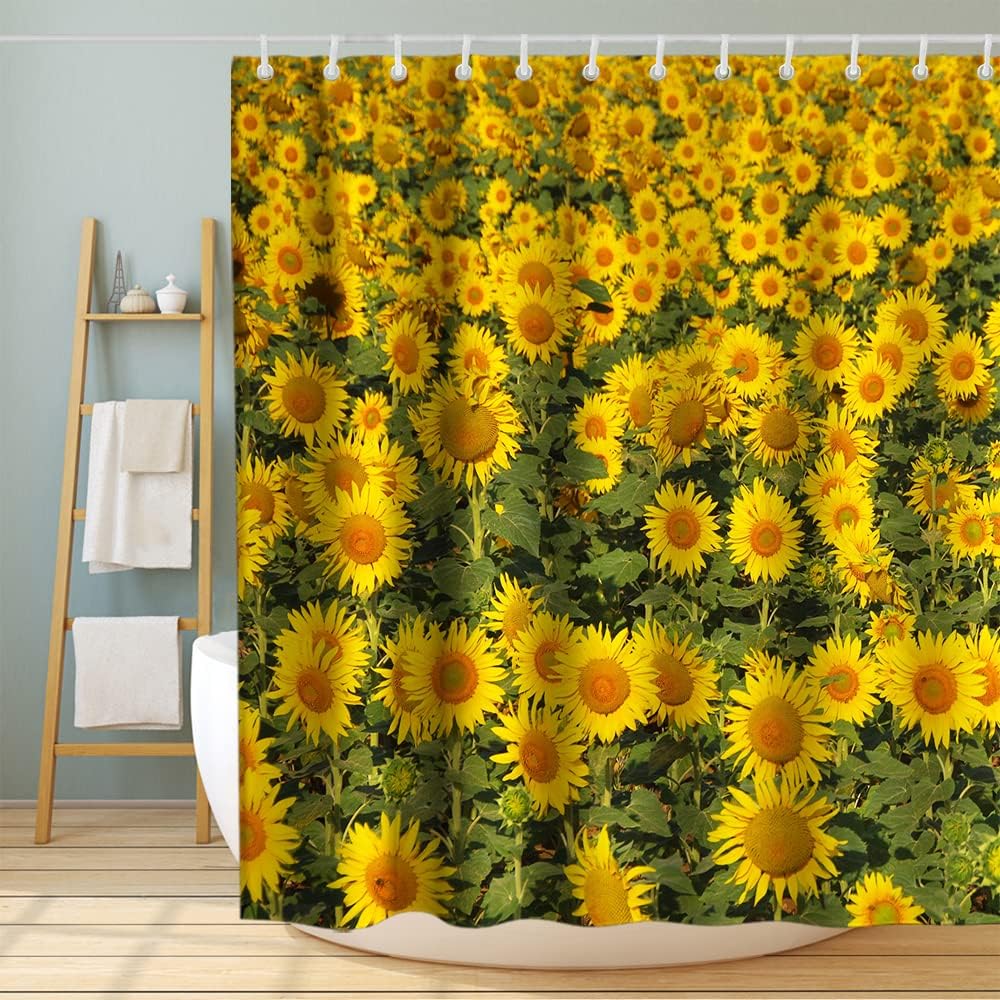 Sunflower Nature Floral Vintage Shower Curtain Ideas Waterproof Washable Green Yellow