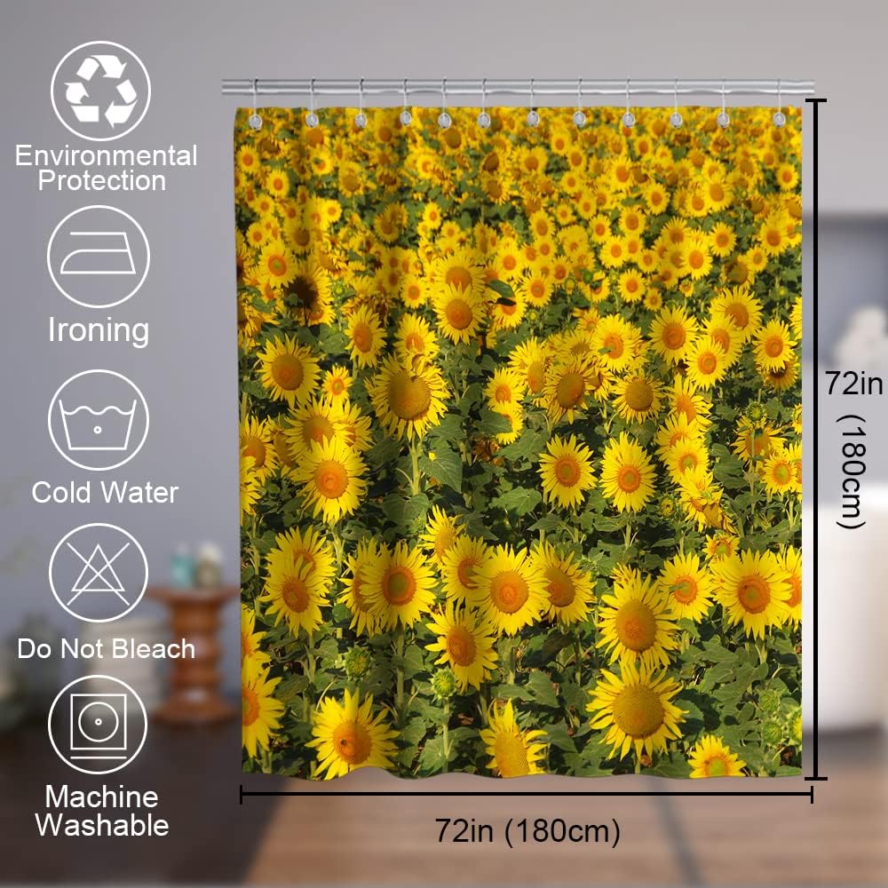 Sunflower Nature Floral Vintage Shower Curtain Ideas Waterproof Washable Green Yellow