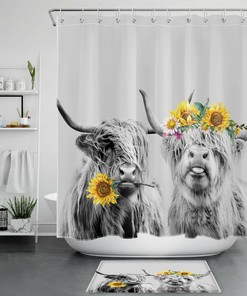 Sunflower Plant Floral Highland Cow Shower Curtain Funny Bathroom Decor