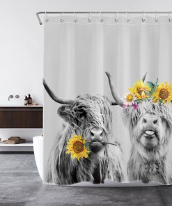 Sunflower Plant Floral Highland Cow Shower Curtain Funny Bathroom Decor