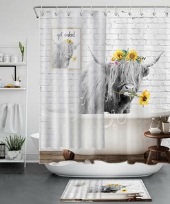 Sunflower Print Funny Highland Cow Bathtub Shower Curtain For Bathroom Decor