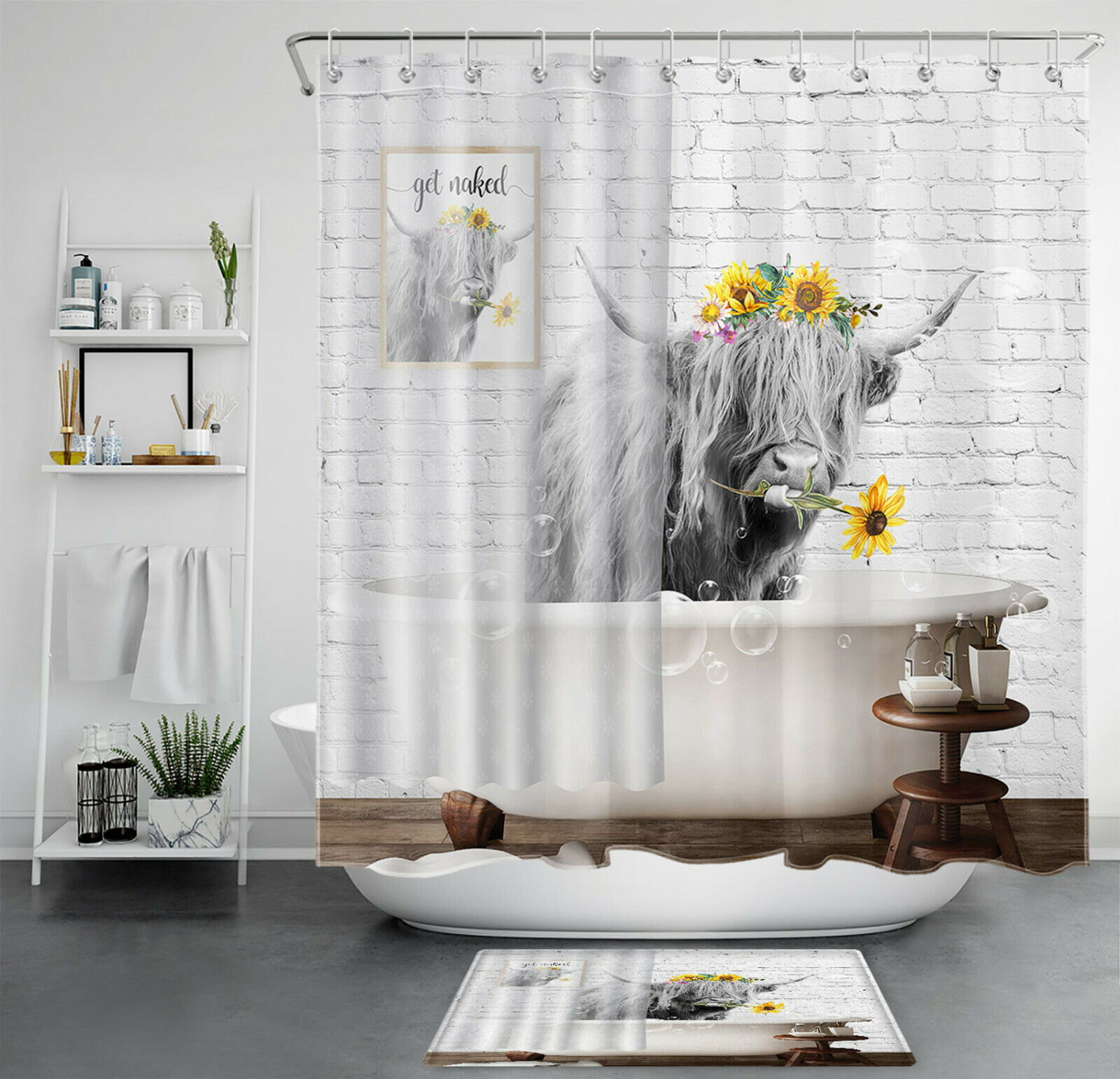 Sunflower Print Funny Highland Cow Bathtub Shower Curtain For Bathroom Decor