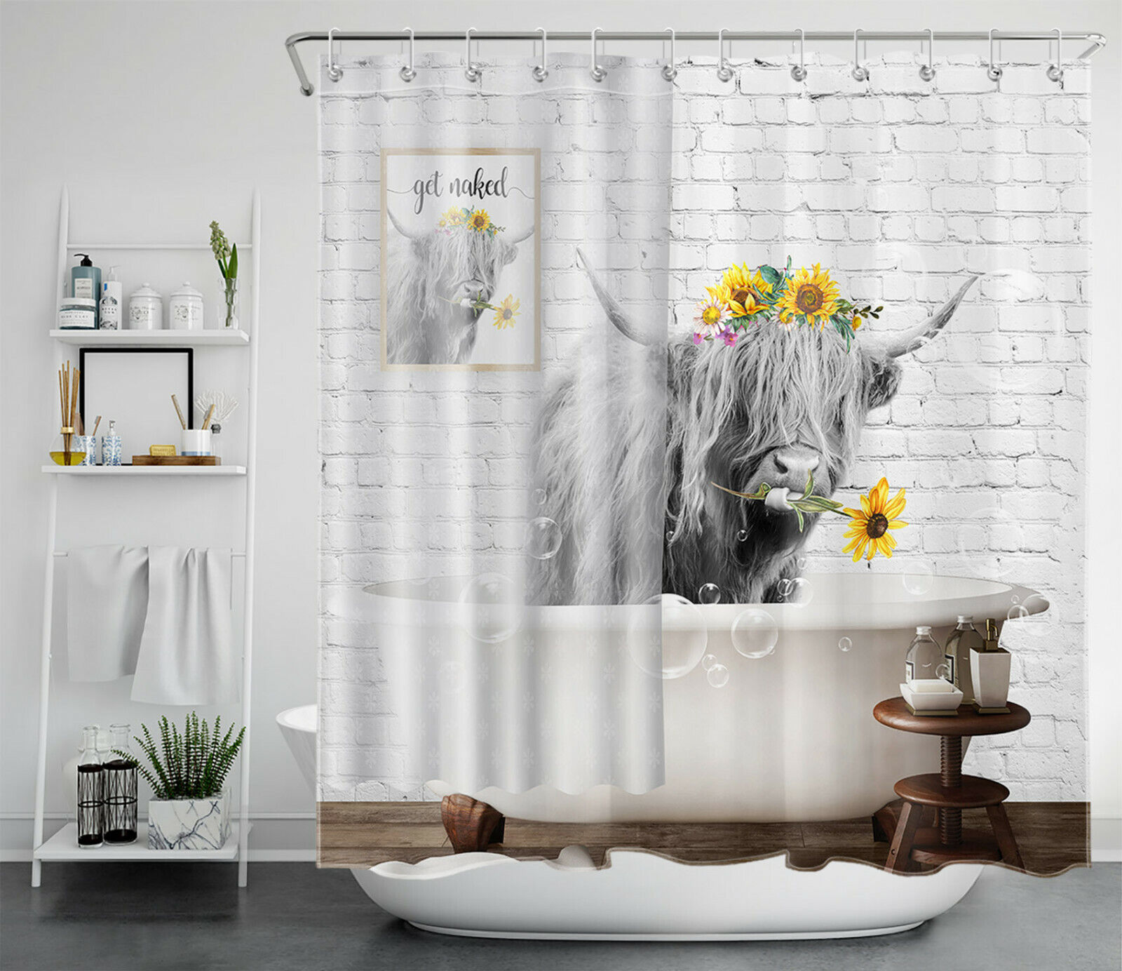 Sunflower Print Funny Highland Cow Bathtub Shower Curtain For Bathroom Decor - Image 2