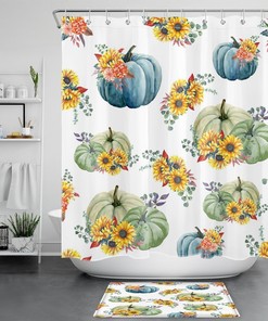 Sunflower Pumpkin Watercolor Plant Leaf Shower Curtain, Autumn Bathroom Decor