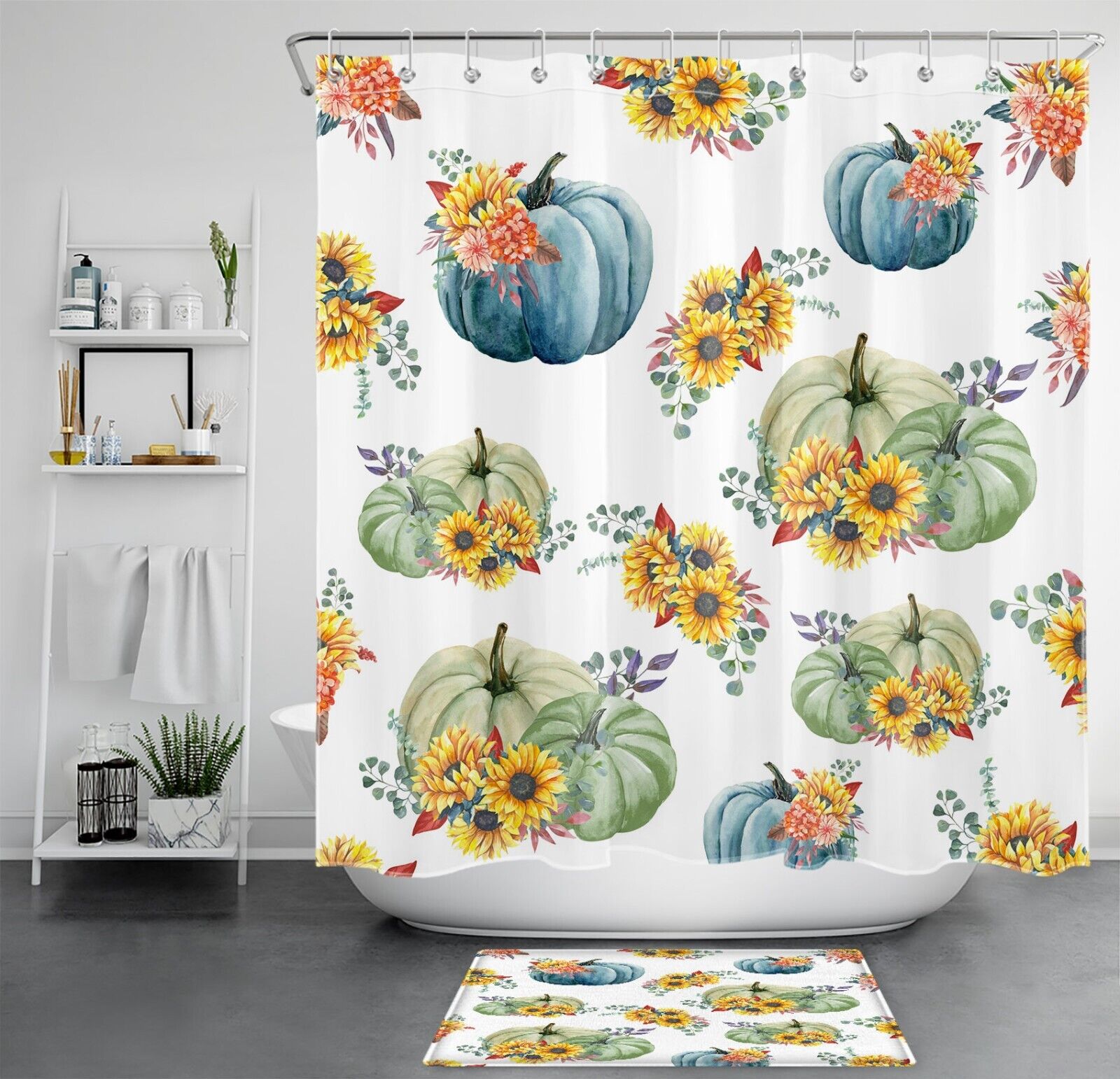 Sunflower Pumpkin Watercolor Plant Leaf Shower Curtain, Autumn Bathroom Decor
