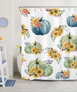 Sunflower Pumpkin Watercolor Plant Leaf Shower Curtain, Autumn Bathroom Decor
