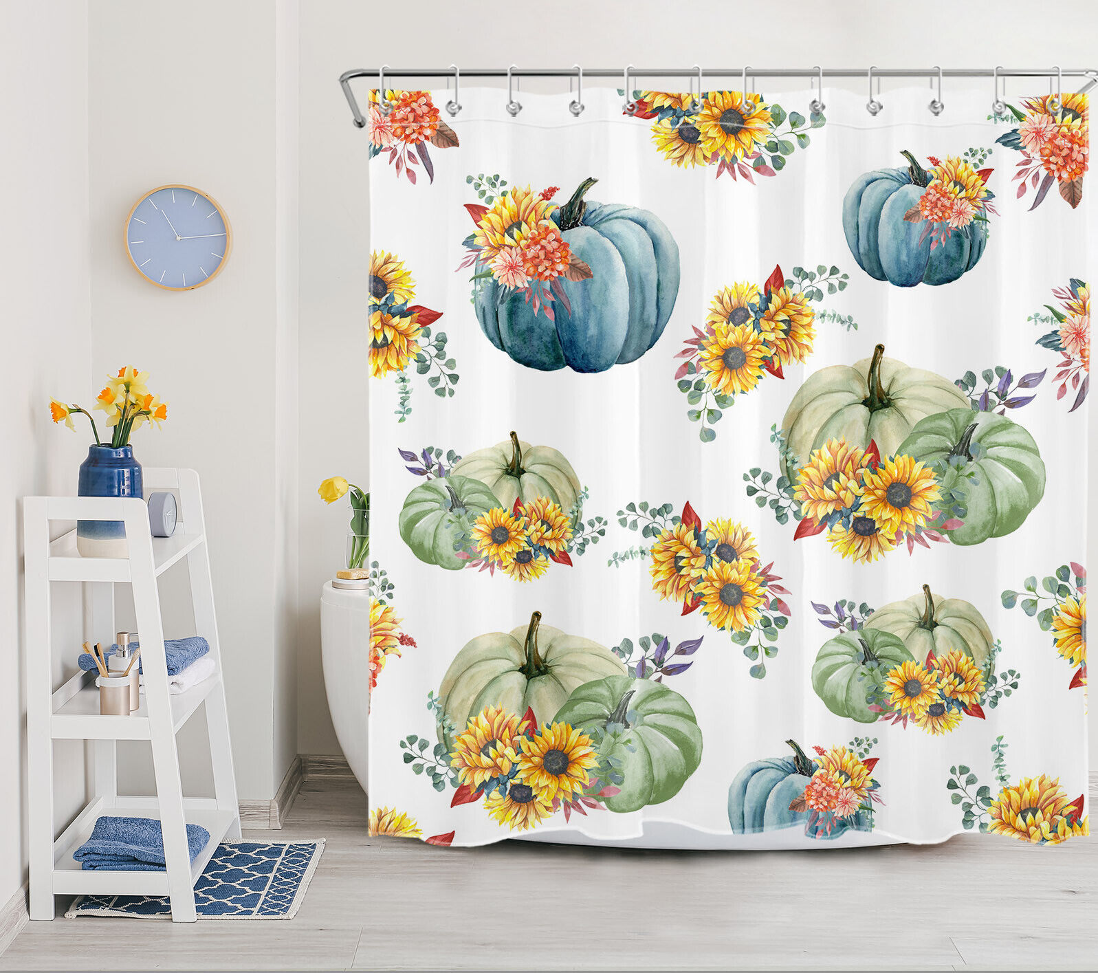 Sunflower Pumpkin Watercolor Plant Leaf Shower Curtain, Autumn Bathroom Decor