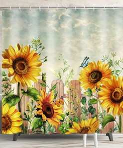 Sunflower Rustic Farmhouse Shower Curtain for Yellow Bathroom Decor
