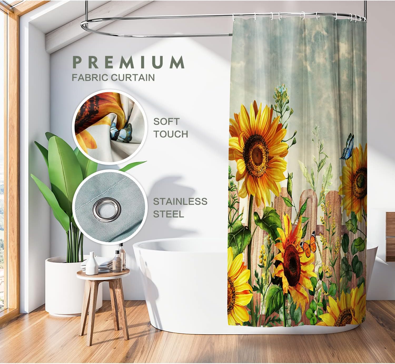 Sunflower Rustic Farmhouse Shower Curtain for Yellow Bathroom Decor