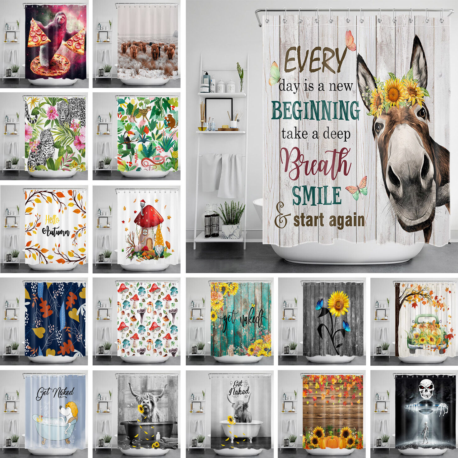 Sunflower Shower Curtain With Animals For Modern Farmhouse Effect In Your Bathroom