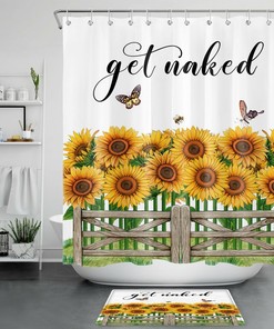 Sunflower Shower Curtain With Funny Words And Butterfly Decors For Bathroom