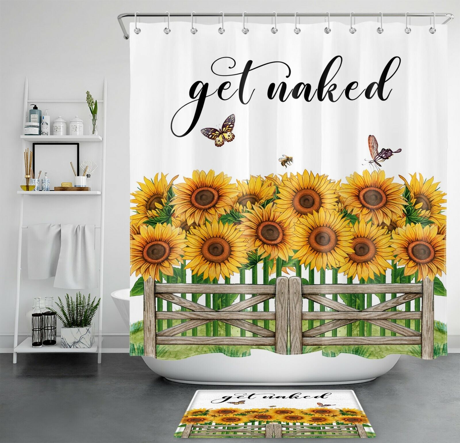Sunflower Shower Curtain With Funny Words And Butterfly Decors For Bathroom