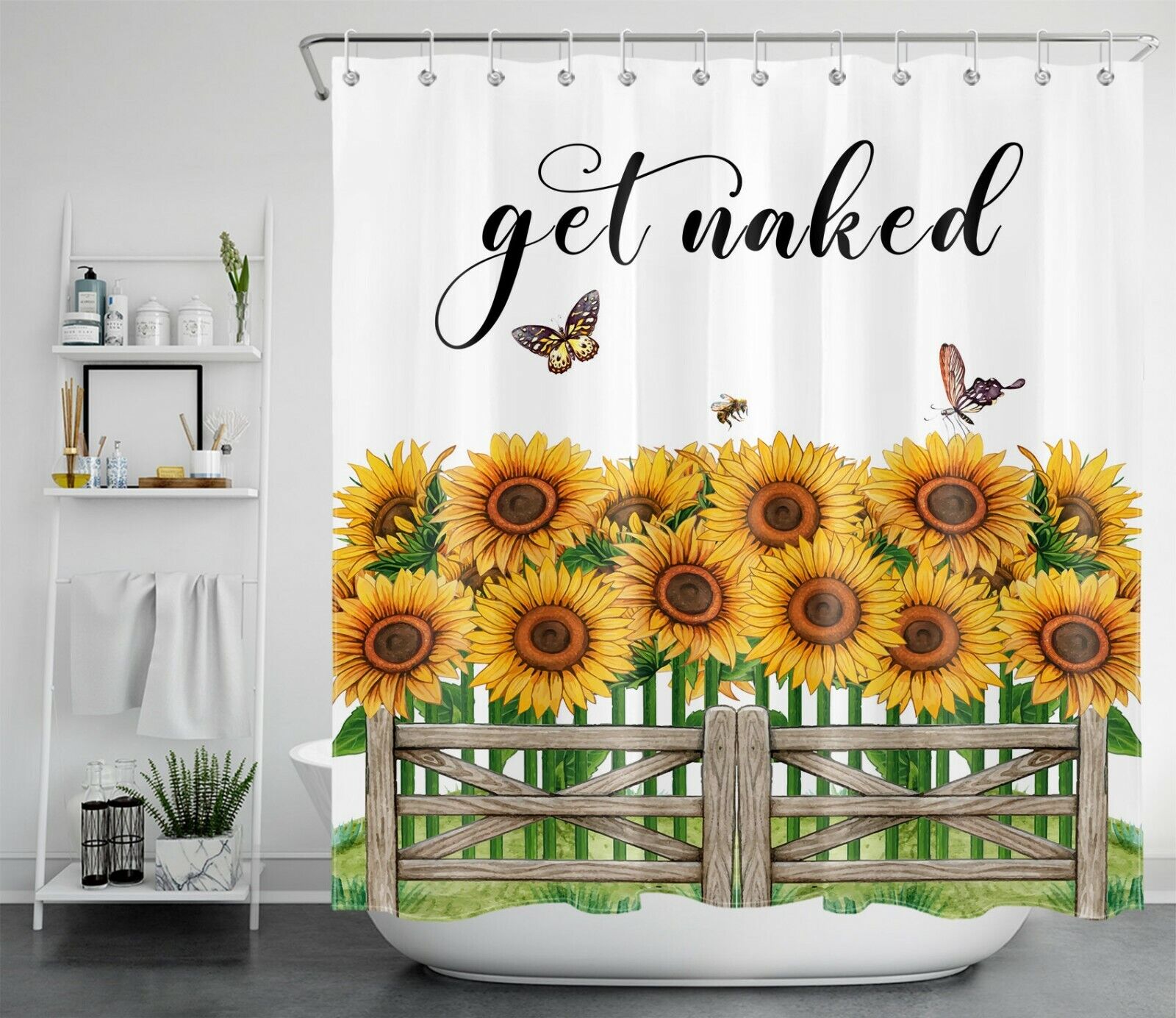 Sunflower Shower Curtain With Funny Words And Butterfly Decors For Bathroom