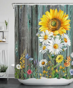 Sunflower Shower Curtain with Rustic Retro Table Design for a Country-Inspired Look