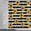 Sunflower Shower Curtain with Vibrant Brown and Orange Pattern on Striped Black and White Background