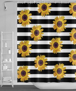 Sunflower Shower Curtain with Vibrant Brown and Orange Pattern on Striped Black and White Background