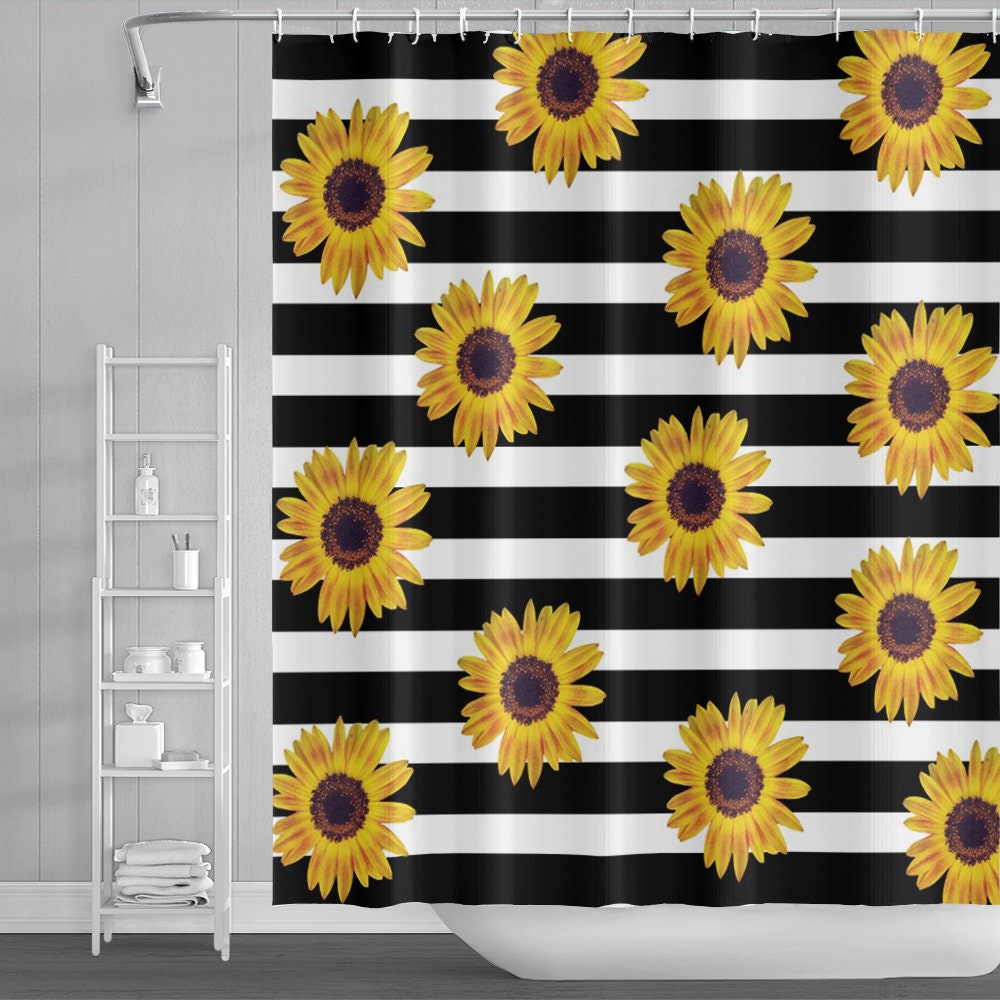 Sunflower Shower Curtain with Vibrant Brown and Orange Pattern on Striped Black and White Background