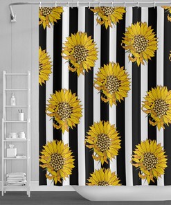 Sunflower Shower Curtain with Vibrant Brown and Orange Pattern on Striped Black and White Background